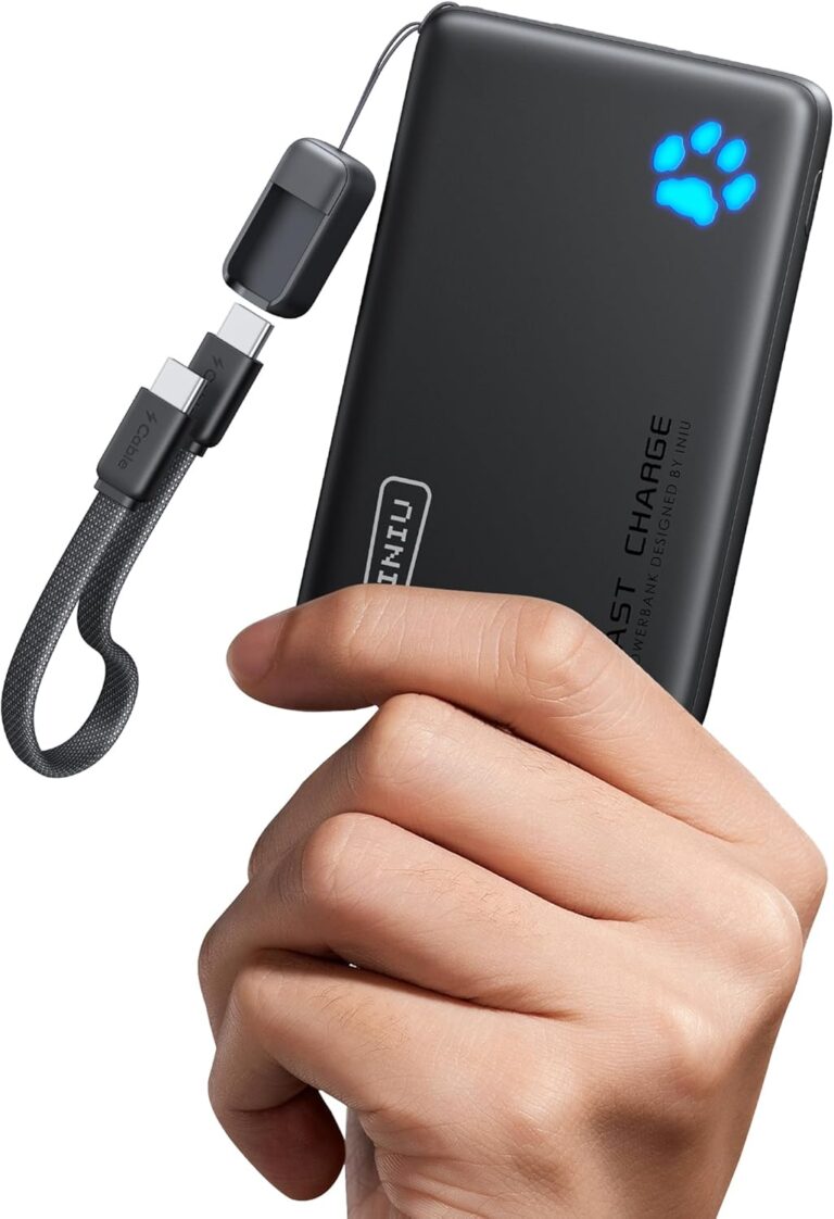 Black INIU 10000mAh portable power bank with detachable USB-C cable
