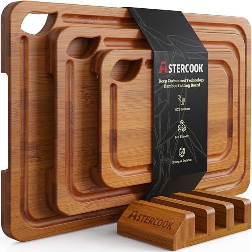 Astercook Bamboo Cutting Boards with Storage Stand